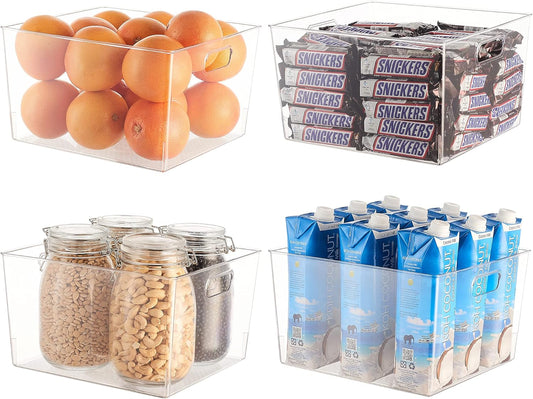 Plastic Refrigerator Organizer with Handles - Set of 4 Storage Bins for Kitchen Cabinets, Fridge Drawers, Food Organizer for Pantry- 11" X 10" X 7" Large Capacity Clear Organizer Bins
