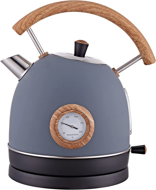 Electric Kettle,  1.7L / 1500W Retro Electric Tea Kettles for Boiling Water, Stainless Steel Hot Water Boiler with Thermometer, Auto Shut-Off & Boil-Dry Protection, Anti-Scald Wood Handle