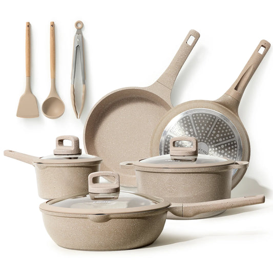 Nonstick Pots and Pans Set, 11 Pcs Non Stick Cookware Set, Induction Stone Cookware Kitchen Cooking Set (Taupe Granite)