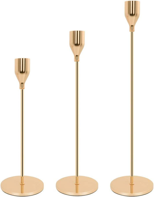 Candle Holders for Taper Candles Set of 3 Decorative Candlestick Holders for Wedding, Dinning, Party Fits 3/4 Inch Thick Candle&Led Candles (Gold Brass Metal Candle Stand)