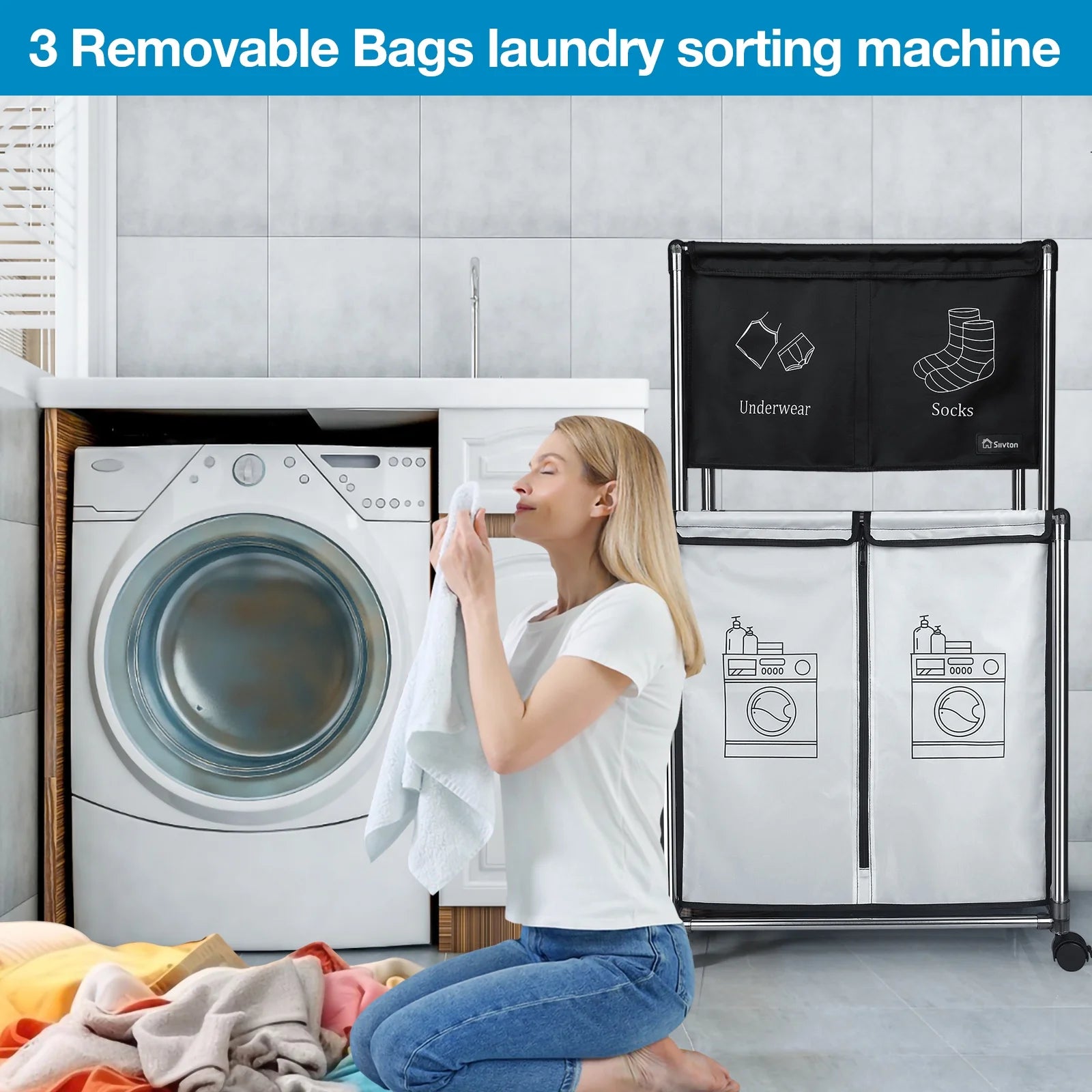 210L Laundry Sorter Cart,Laundry Hamper Sorter with Rolling Wheels and Removable 3 Bags for Clothes Storage,Laundry Organizer Basket Laundry Clothes Hamper