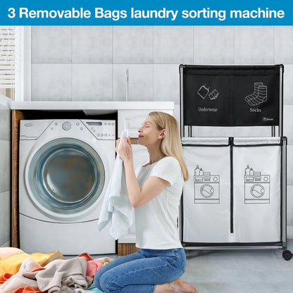 210L Laundry Sorter Cart,Laundry Hamper Sorter with Rolling Wheels and Removable 3 Bags for Clothes Storage,Laundry Organizer Basket Laundry Clothes Hamper