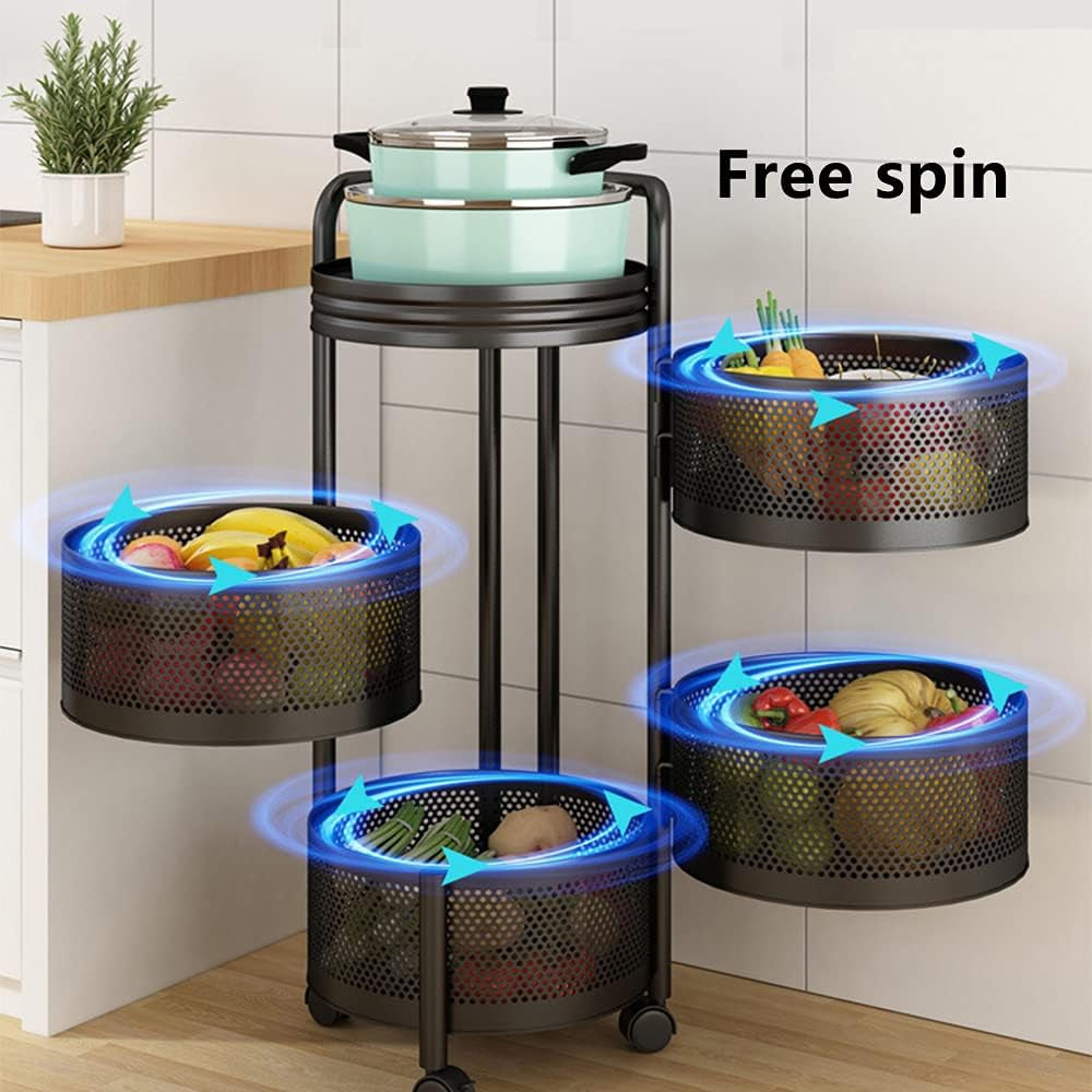 4-Tier Fruit Basket for Kitchen Storage, Metal Pantry Baskets with Wheels, Utility Rack for Kitchen, Bathroom, Laundry Room, Garage, Black