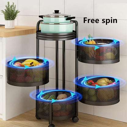 4-Tier Fruit Basket for Kitchen Storage, Metal Pantry Baskets with Wheels, Utility Rack for Kitchen, Bathroom, Laundry Room, Garage, Black