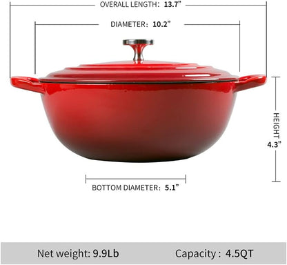 4.5 Quart Dutch Oven, Enameled Cast Iron Covered round Dutch Oven with Lid, Casserole, Cookware Pot, French Oven, Red