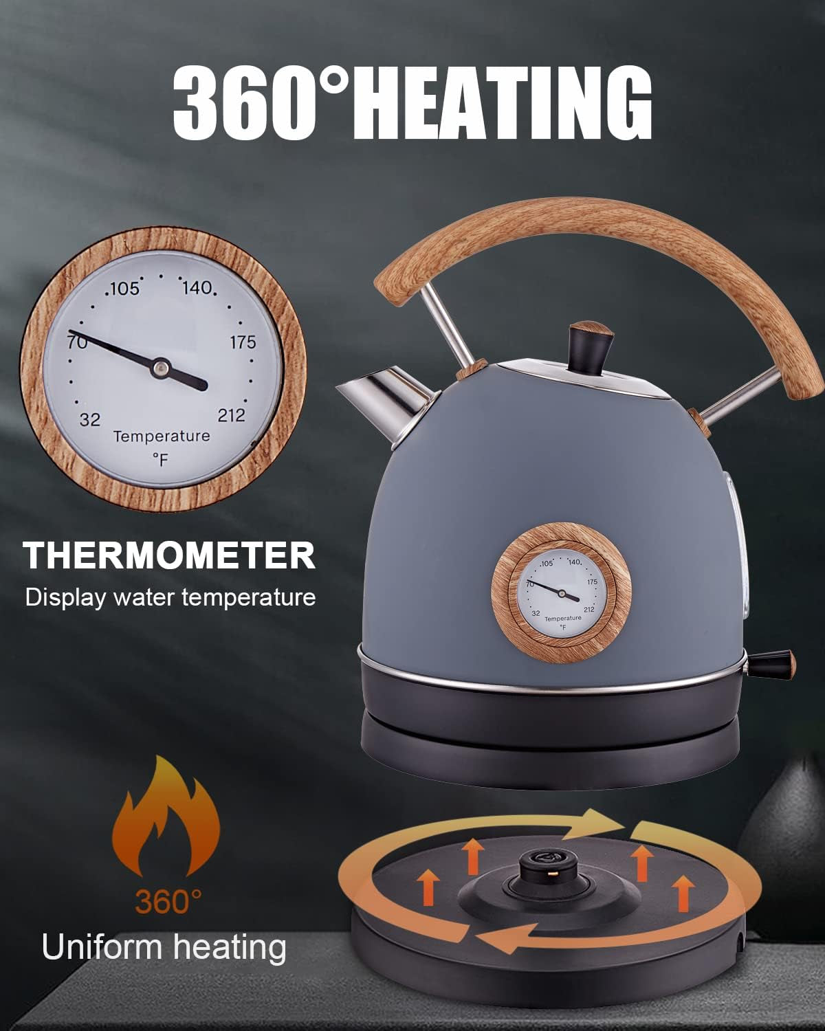 Electric Kettle,  1.7L / 1500W Retro Electric Tea Kettles for Boiling Water, Stainless Steel Hot Water Boiler with Thermometer, Auto Shut-Off & Boil-Dry Protection, Anti-Scald Wood Handle