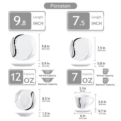VEWEET FIONA 30/60 Piece Black Lines Porcelain Ceramic Tableware Set with Dessert Plates/Soup Plates/Dinner Plates/Cups/Saucers
