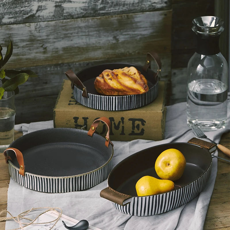Exclusive Handmade Ceramic Bowl with Cow Leather Handle Stripe round Sallow Salad Plate