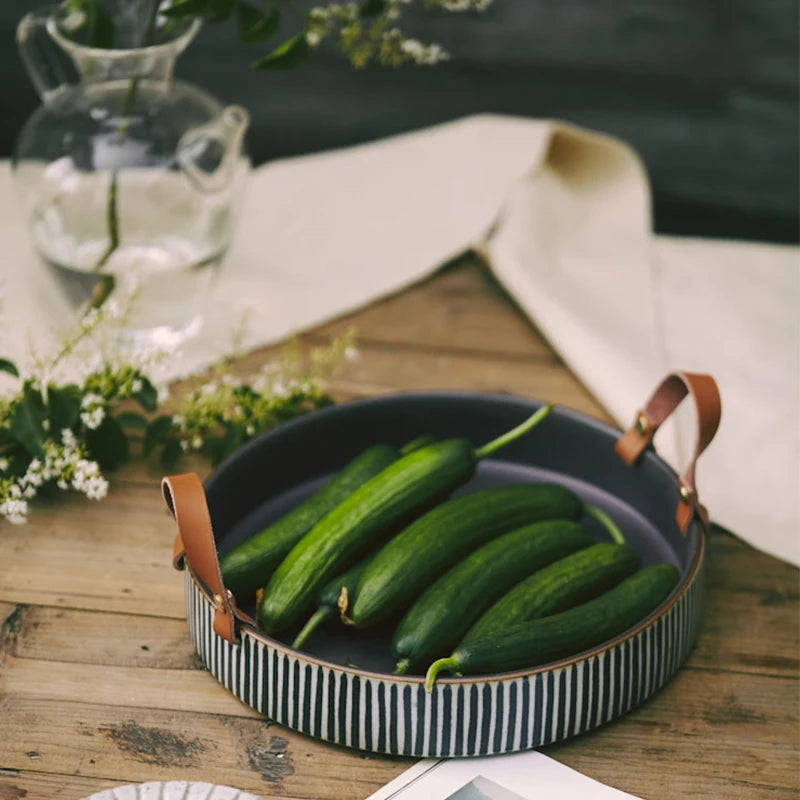 Exclusive Handmade Ceramic Bowl with Cow Leather Handle Stripe round Sallow Salad Plate