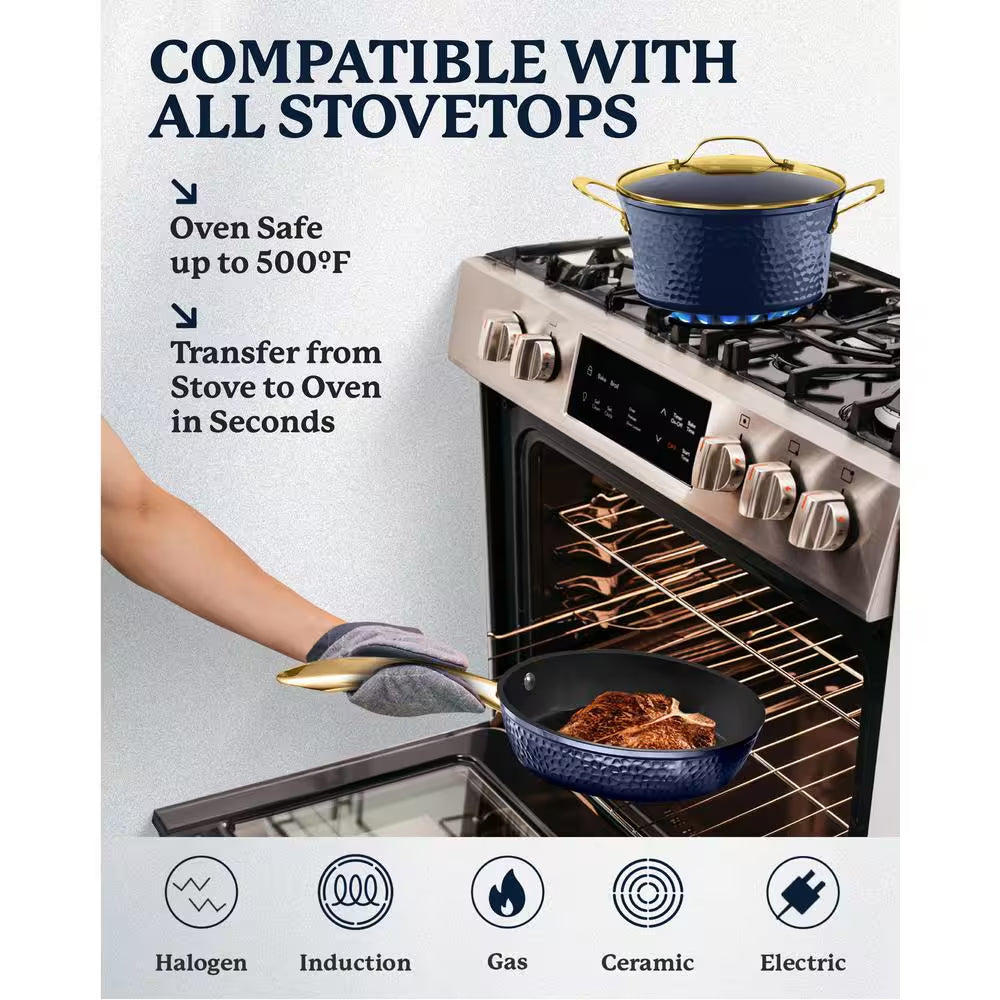 Charleston Collection 15-Piece Aluminum Hammered Nonstick Cookware Set with Utensils in Navy