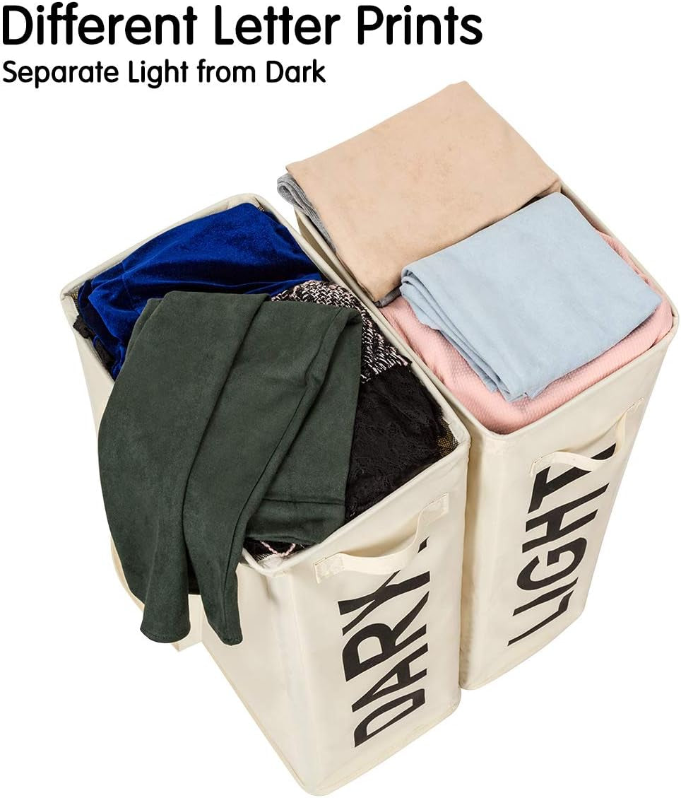 Double 65L Slim Laundry Hamper 2 Pack Tall Thin Laundry Basket with Extended Handles Dark and Lights Separator Narrow Dirty Clothes Hamper Collapsible Laundry Organizer for Dorm Room (Beige)
