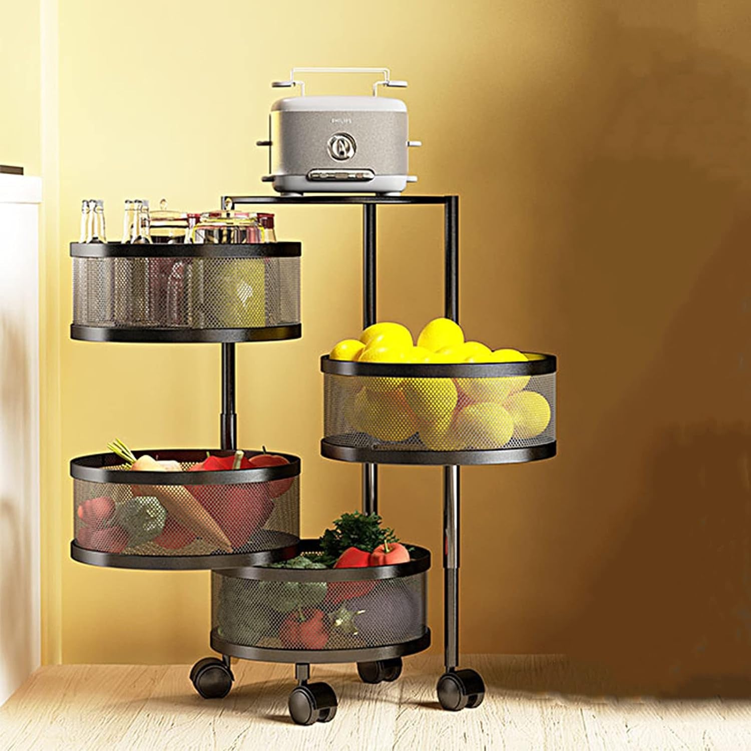 4-Tier Fruit Basket for Kitchen Storage, Metal Pantry Baskets with Wheels, Utility Rack for Kitchen, Bathroom, Laundry Room, Garage, Black