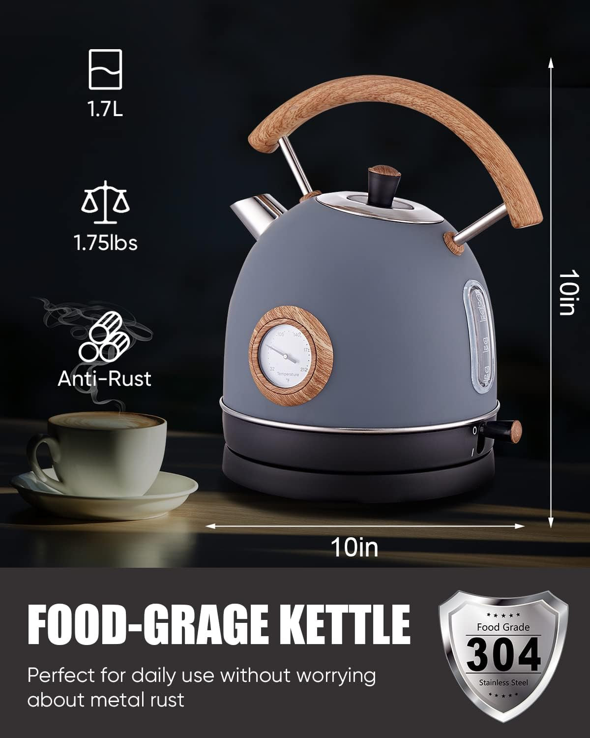 Electric Kettle,  1.7L / 1500W Retro Electric Tea Kettles for Boiling Water, Stainless Steel Hot Water Boiler with Thermometer, Auto Shut-Off & Boil-Dry Protection, Anti-Scald Wood Handle