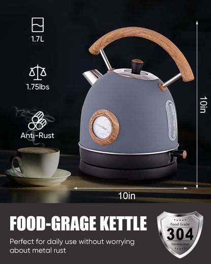 Electric Kettle,  1.7L / 1500W Retro Electric Tea Kettles for Boiling Water, Stainless Steel Hot Water Boiler with Thermometer, Auto Shut-Off & Boil-Dry Protection, Anti-Scald Wood Handle