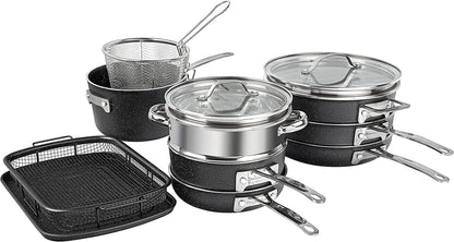 GRANITESTONE Stackmaster 15 Pcs Pots and Pans Set Induction-Compatible, Nonstick Cookware Set, Scratch-Resistant, Granite-Coated Anodized Aluminum, Dishwasher-Safe, Pfoa-Free