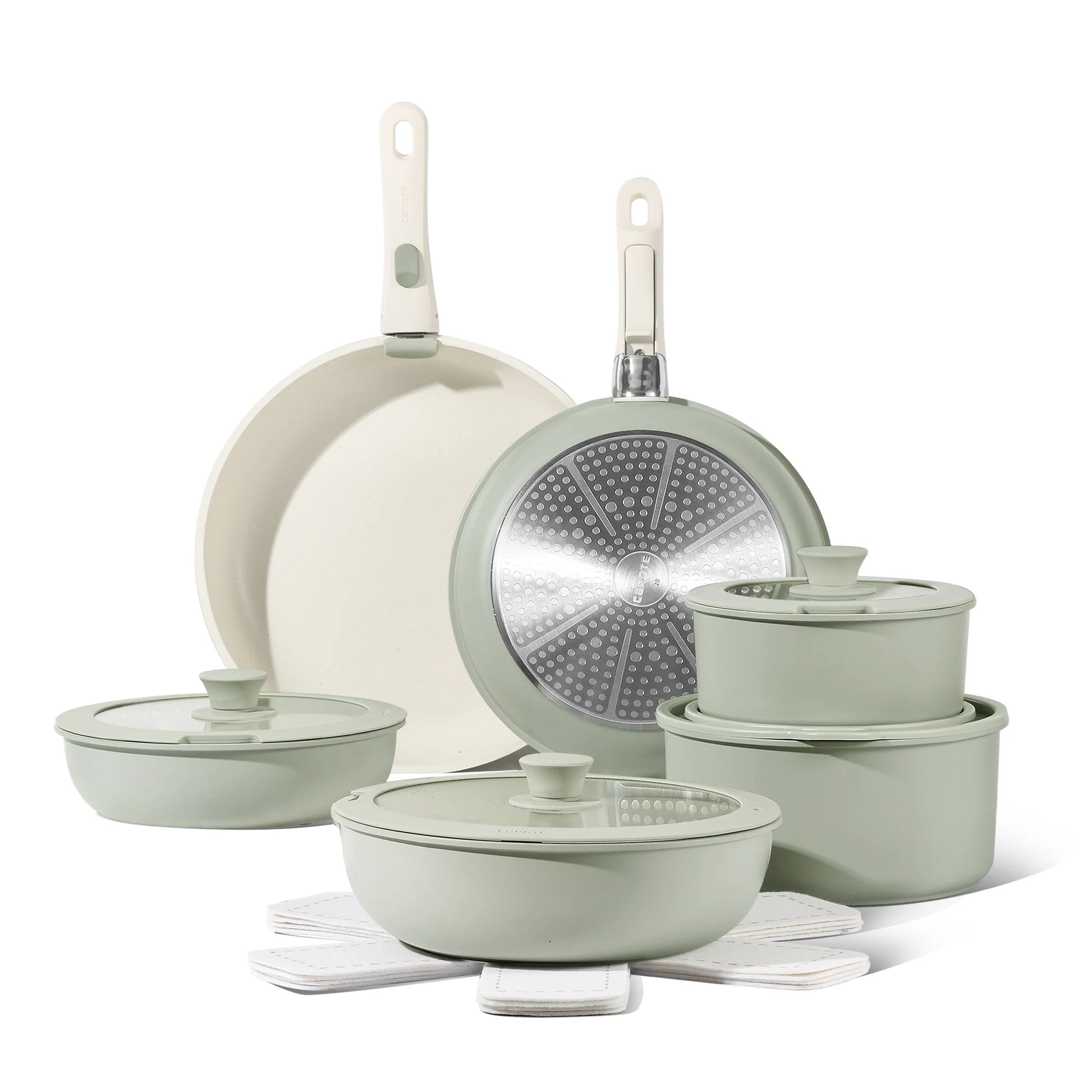 17Pcs Pots and Pans Set, Nonstick Cookware Set Detachable Handle, Induction Kitchen Cookware Sets Non Stick with Removable Handle, RV Cookware Set, Oven Safe, Green