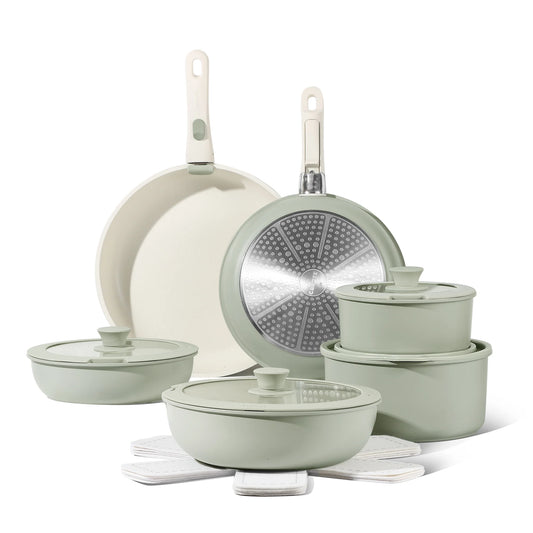 17Pcs Pots and Pans Set, Nonstick Cookware Set Detachable Handle, Induction Kitchen Cookware Sets Non Stick with Removable Handle, RV Cookware Set, Oven Safe, Green