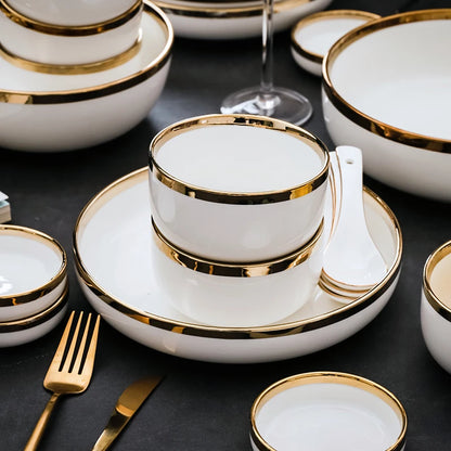 Ceramic Dinnerware Plate Bowl White Gold Stroke Ceramic Dinner Plate Steak Tableware Rice Soup Bowl Spoon Dish Home Decoration