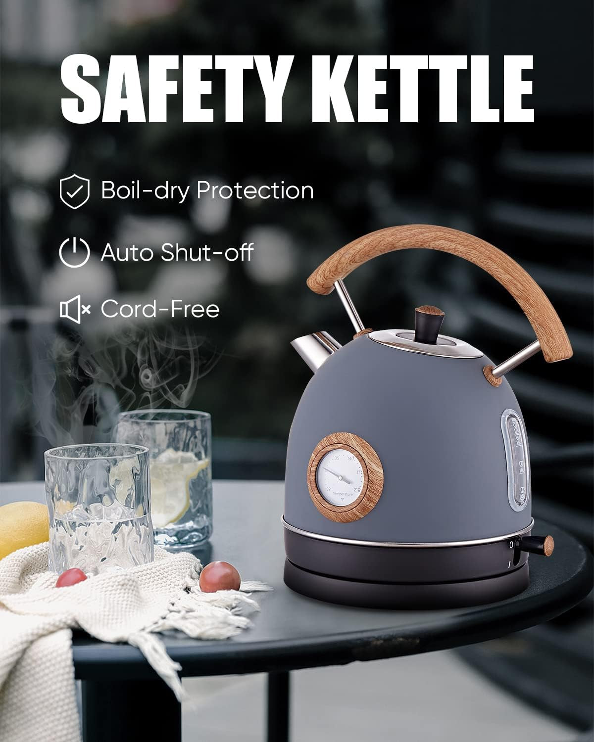 Electric Kettle,  1.7L / 1500W Retro Electric Tea Kettles for Boiling Water, Stainless Steel Hot Water Boiler with Thermometer, Auto Shut-Off & Boil-Dry Protection, Anti-Scald Wood Handle