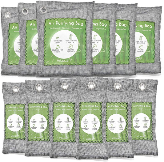 12 Pack Bamboo Charcoal Air Purifying Bag, Activated Charcoal Bags Odor Absorber, Moisture Absorber, Natural Car Air Freshener, Shoe Deodorizer, Odor Eliminators for Home, Pet, Closet (6X5