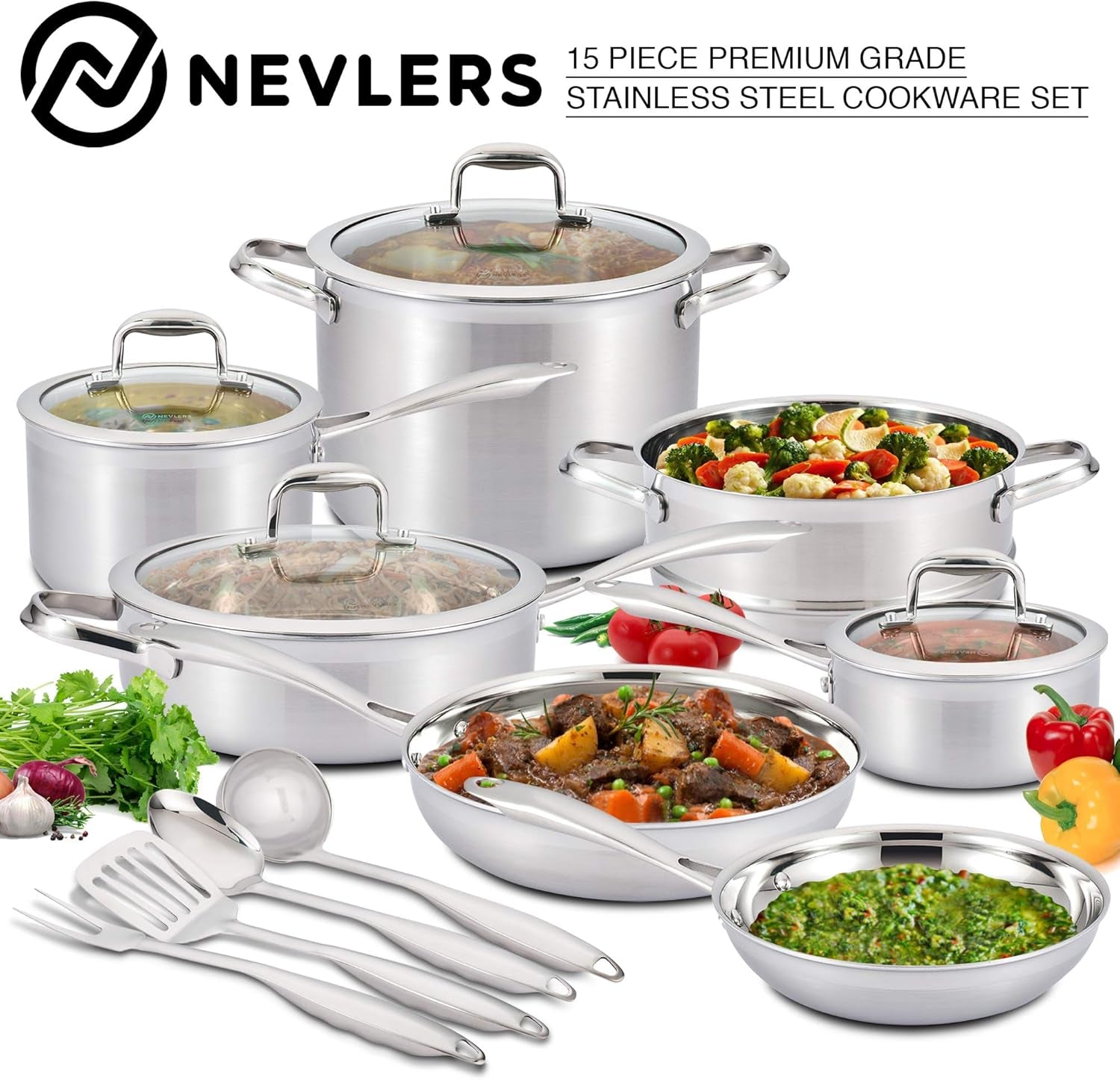Multi-Clad Stainless Steel Cookware Sets - 15 Piece Pots and Pans Set - Makes for a Great Cooking Set for Your Kitchen - It Is Dishwasher Safe Too!
