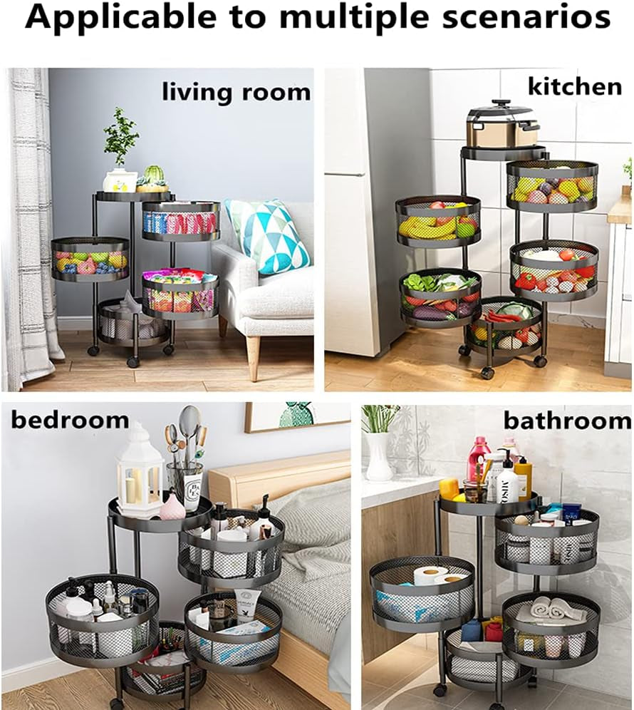 4-Tier Fruit Basket for Kitchen Storage, Metal Pantry Baskets with Wheels, Utility Rack for Kitchen, Bathroom, Laundry Room, Garage, Black