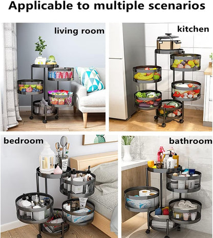 4-Tier Fruit Basket for Kitchen Storage, Metal Pantry Baskets with Wheels, Utility Rack for Kitchen, Bathroom, Laundry Room, Garage, Black