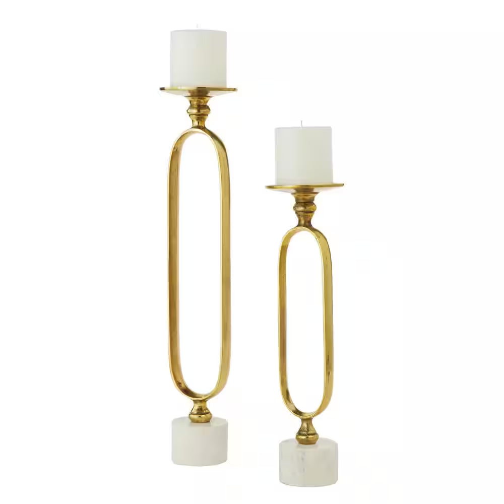 Gold Aluminum Paper Clip Pillar Candle Holder with Marble Base (Set of 2)