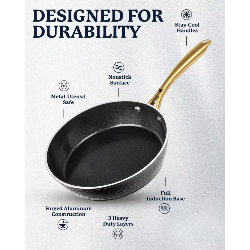 Charleston Collection 15-Piece Aluminum Hammered Nonstick Cookware Set with Utensils in Black
