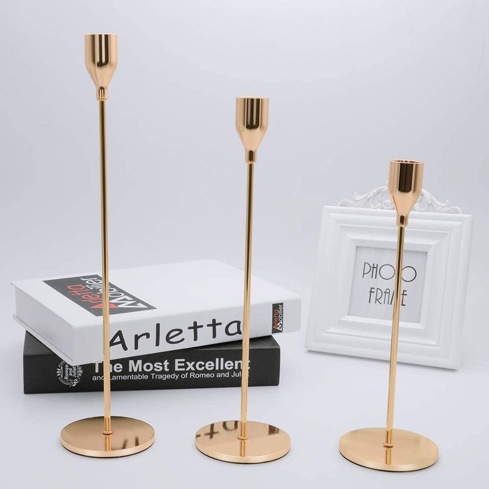 Candle Holders for Taper Candles Set of 3 Decorative Candlestick Holders for Wedding, Dinning, Party Fits 3/4 Inch Thick Candle&Led Candles (Gold Brass Metal Candle Stand)
