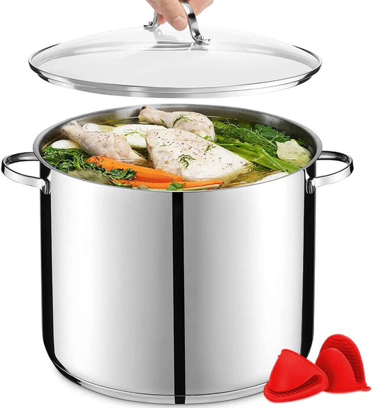 21-Quart Induction Stock Pot | Stainless Steel Soup Pot with See through Lid Glass Lid | Grade Heavy Duty Large Stockpot | Compatible with All Heat Sources | Dishwasher Safe