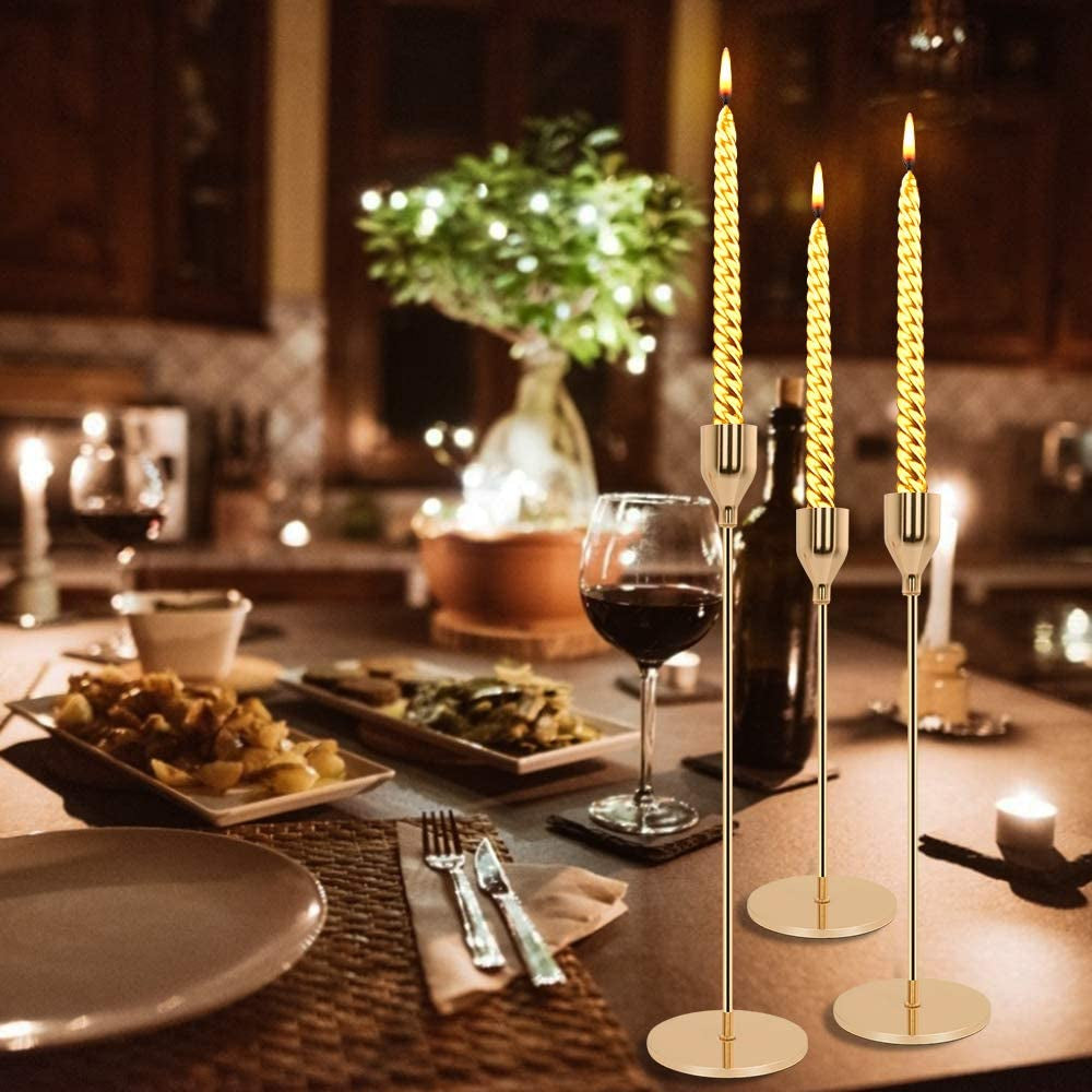 Candle Holders for Taper Candles Set of 3 Decorative Candlestick Holders for Wedding, Dinning, Party Fits 3/4 Inch Thick Candle&Led Candles (Gold Brass Metal Candle Stand)