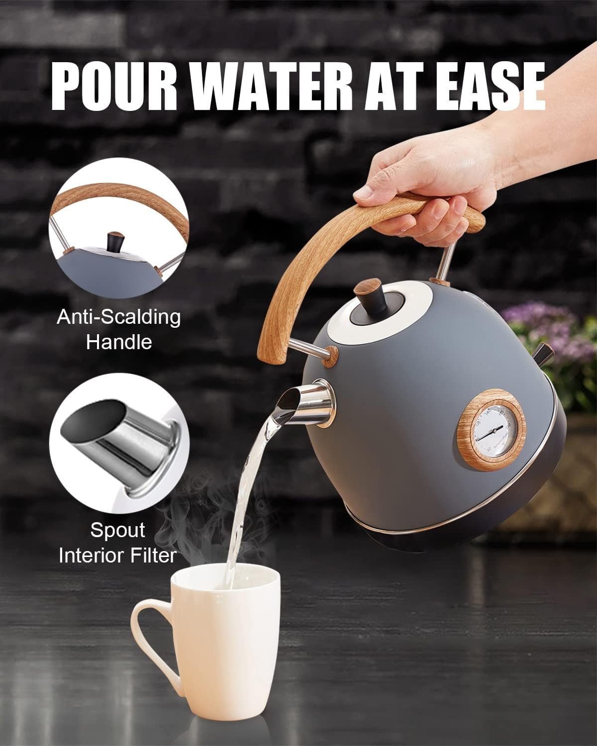 Electric Kettle,  1.7L / 1500W Retro Electric Tea Kettles for Boiling Water, Stainless Steel Hot Water Boiler with Thermometer, Auto Shut-Off & Boil-Dry Protection, Anti-Scald Wood Handle