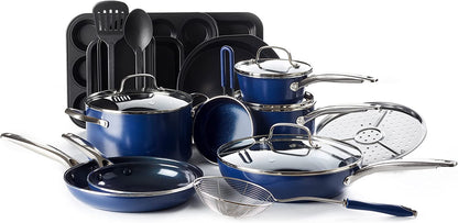 20 Piece Cookware and Bakeware Set, Diamond Infused PFOA Pfas-Free Ceramic Nonstick Pots and Pans, Durable Nontoxic Metal Utensil Safe & Scratch Resistant, Dishwasher & Oven Safe, Blue