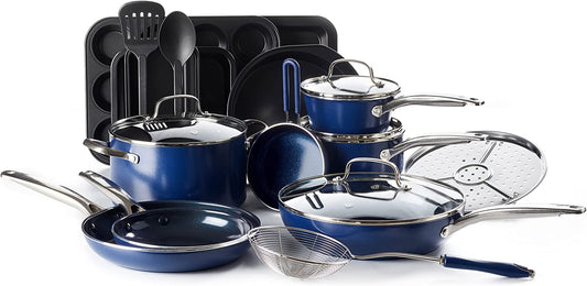 20 Piece Cookware and Bakeware Set, Diamond Infused PFOA Pfas-Free Ceramic Nonstick Pots and Pans, Durable Nontoxic Metal Utensil Safe & Scratch Resistant, Dishwasher & Oven Safe, Blue