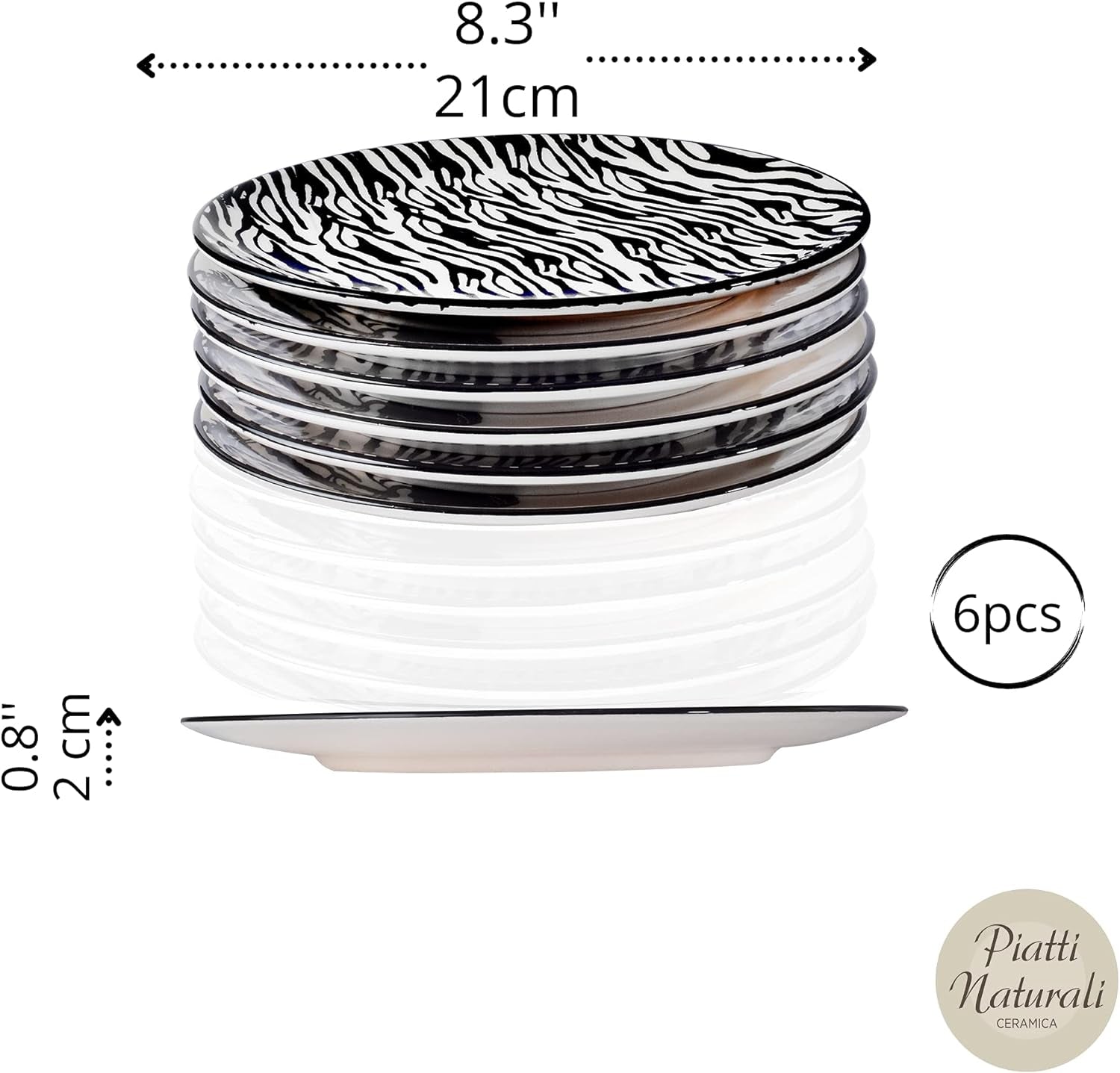 Piatti Naturali Ceramic Plates Set of 6, 8.3", Microwave and Dishwasher Safe, Scratch Resistant.