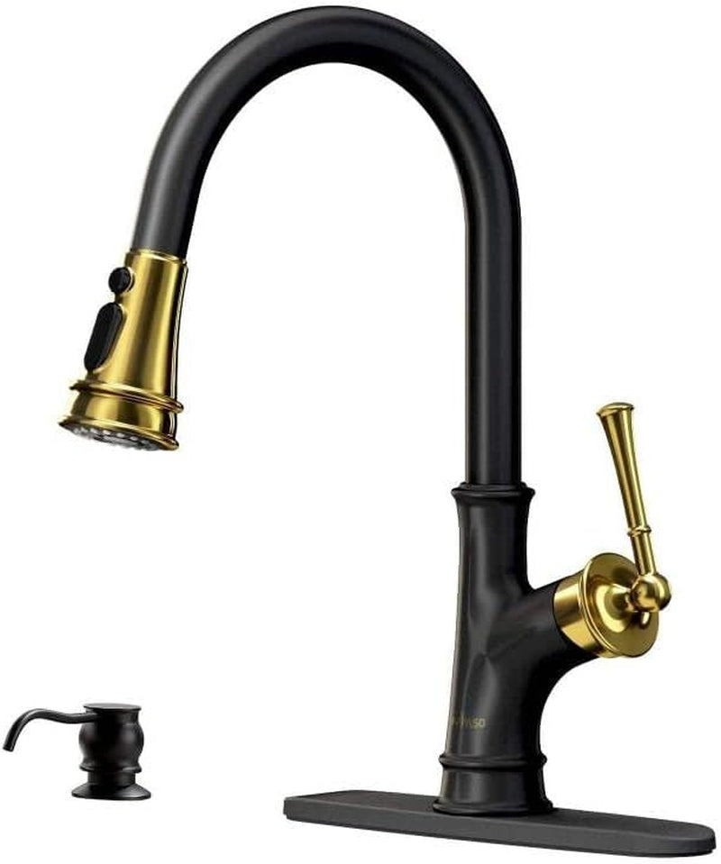 Pull down Kitchen Faucet with Sprayer - Single Handle High Arc One Hole Pull Out Kitchen Sink Faucets, Black and Gold