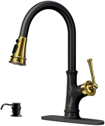 Pull down Kitchen Faucet with Sprayer - Single Handle High Arc One Hole Pull Out Kitchen Sink Faucets, Black and Gold