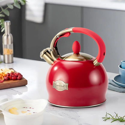 Stove Top Whistling Tea Kettle - Food Grade Stainless Steel Teakettle Teapot with Cool Touch Ergonomic Handle, with 1 Silicone Pinch Mitt Included, 2.64 Quart(Red)