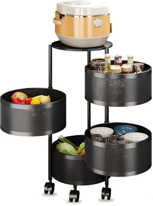 4-Tier Fruit Basket for Kitchen Storage, Metal Pantry Baskets with Wheels, Utility Rack for Kitchen, Bathroom, Laundry Room, Garage, Black