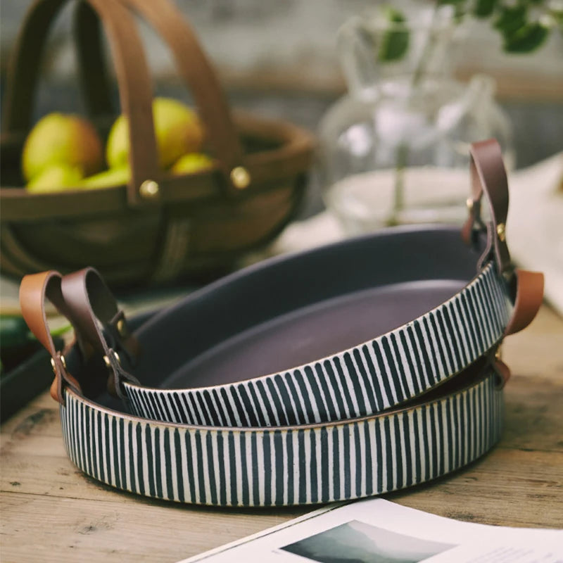 Exclusive Handmade Ceramic Bowl with Cow Leather Handle Stripe round Sallow Salad Plate