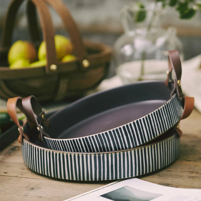 Exclusive Handmade Ceramic Bowl with Cow Leather Handle Stripe round Sallow Salad Plate