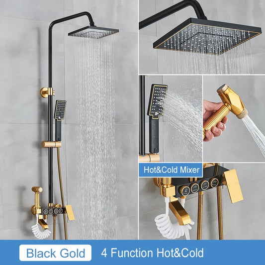 Black Thermostatic LCD Shower Faucet Set Temperature Display Rainfall Bathtub Tap with Bathroom Shelf Electricity by Water