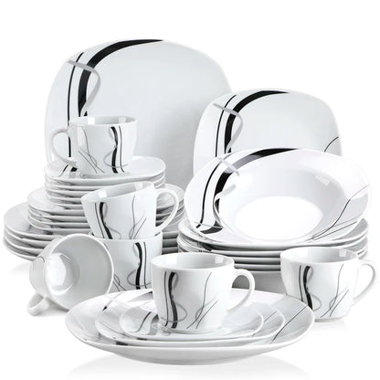 VEWEET FIONA 30/60 Piece Black Lines Porcelain Ceramic Tableware Set with Dessert Plates/Soup Plates/Dinner Plates/Cups/Saucers
