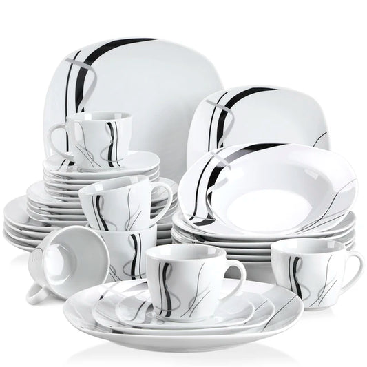 VEWEET FIONA 30/60 Piece Black Lines Porcelain Ceramic Tableware Set with Dessert Plates/Soup Plates/Dinner Plates/Cups/Saucers